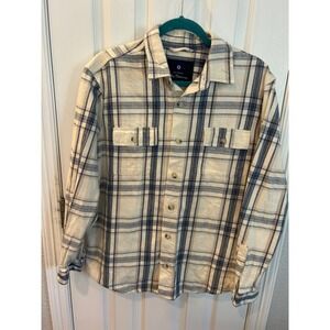 Ben Sherman Flannel Shirt Cream Blue‎ Plaid Cotton Long Sleeve Button Down Large